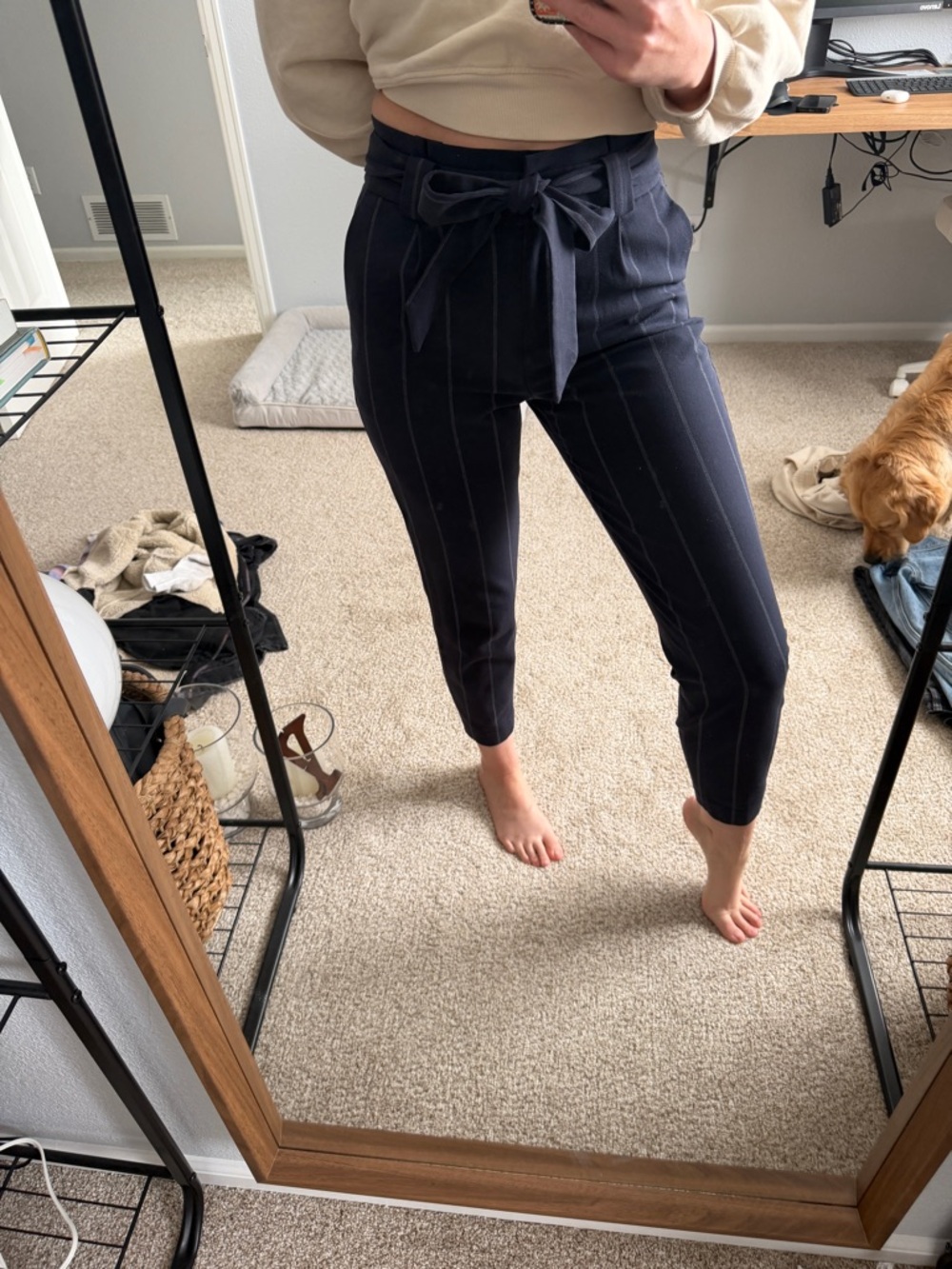Express Navy Pinstripe Tie-Waist Cropped Trousers